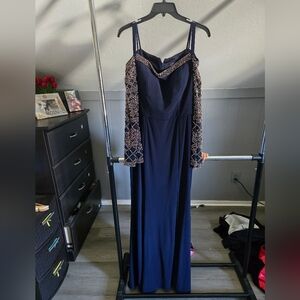 Xscape Navy Long Sleeve Dress with Gold Detailing